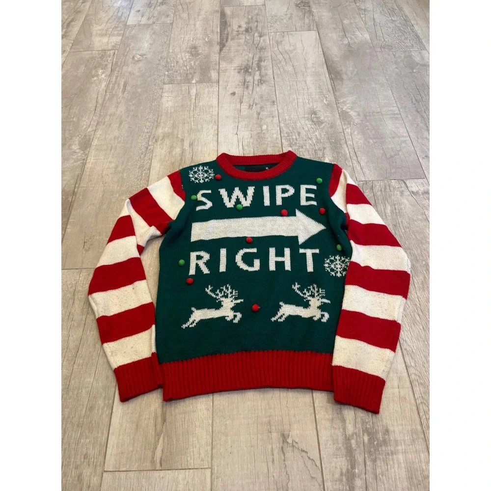 American Stitch Mens Swipe Right Ugly Christmas Sweater Reindeer Pom Poms XL